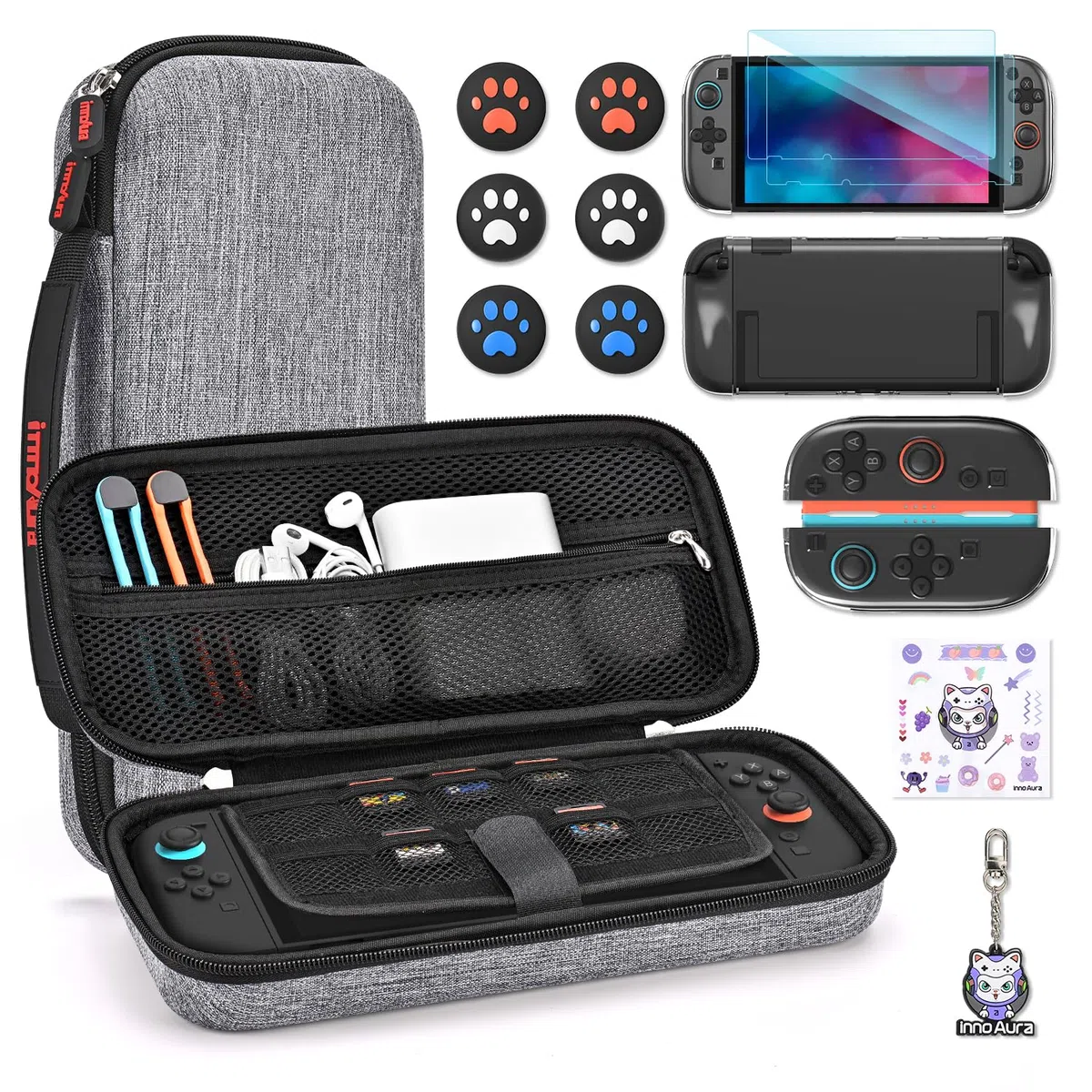 innoAura 14 en 1 Funda switch 2 para NS Switch 2 (2025), Switch 2 Case con funda de transporte, funda protectora, fundas para pulgares, protector de pantalla, colgante y pegatina, Gris