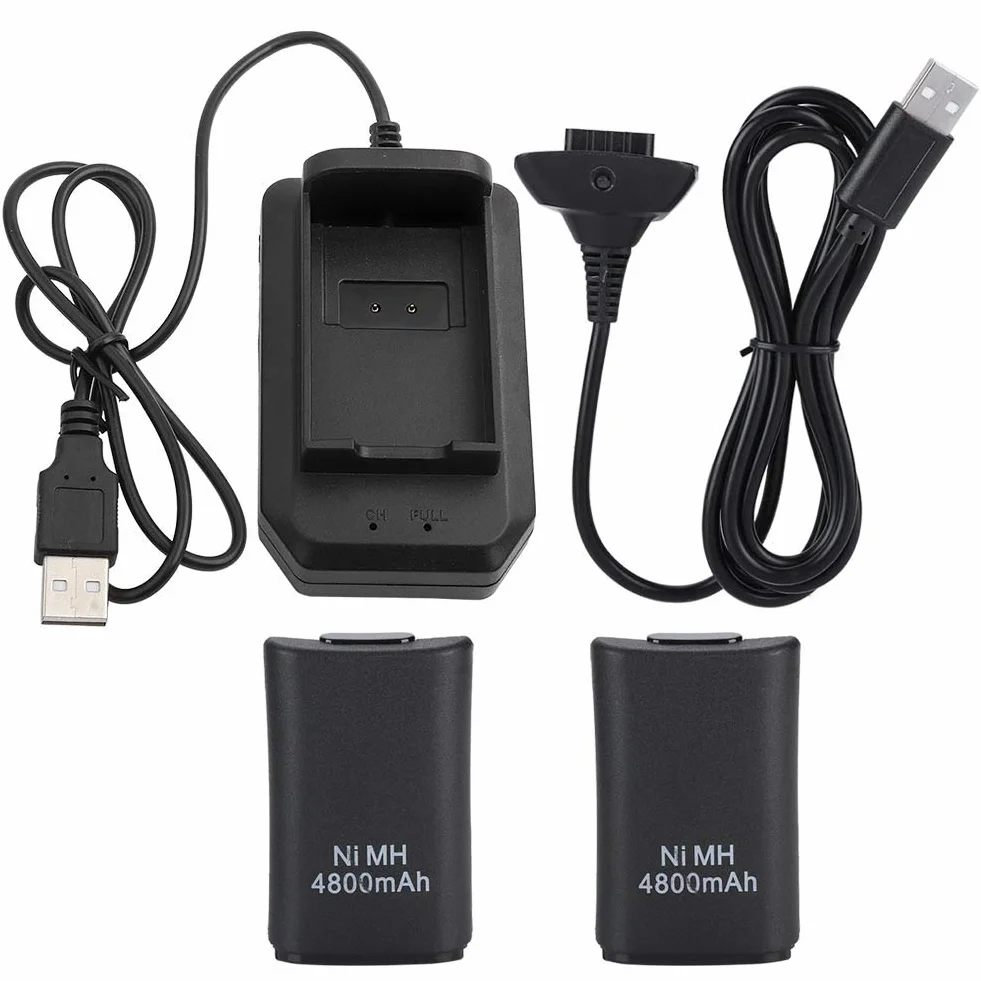 Juego de baterías para controlador Xbox 360, 2 baterías NiMH de 4800 mAh con estación de carga, cable de carga USB, 2 fundas de batería, negro