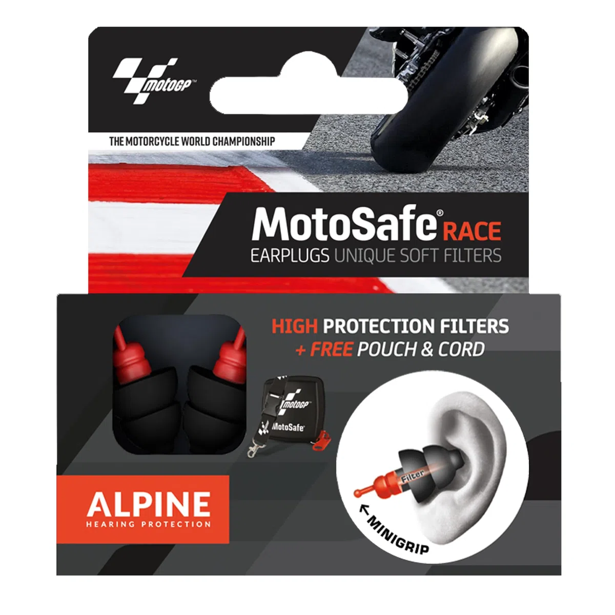 Alpine MotoSafe Race MotoGP™ - Tapones para oídos para carreras - Evita daños auditivos durante la práctica del motociclismo - Reducción de ruido 20 dB - Certificación CE