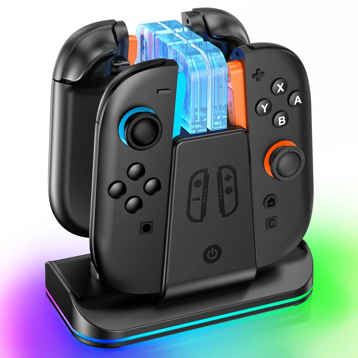 6-EN-1 Base de Carga para Switch, Compatible con SW/OLED/SW2 Joy-Cons & Switch1/2 Pro Mandos, 2,5 H Estación de Carga Nintendo Switch 2 para 4 JoyCons/2 Pro Mandos, Cargador Joy-con con 9 Modos RGB