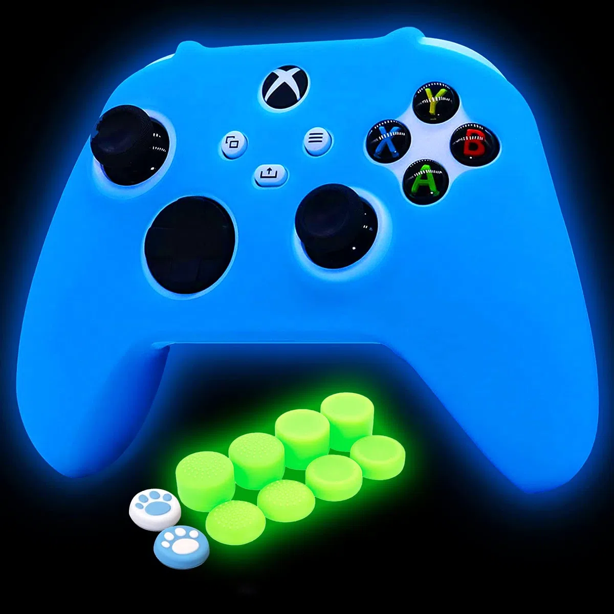 Funda de Silicona Azul para Mando Xbox Series X/S Que Brilla en la Oscuridad, Funda Protectora de Goma Suave Antideslizante, Juego de Accesorios con 8 Tapas de Agarre para Pulgar Que Brillan en