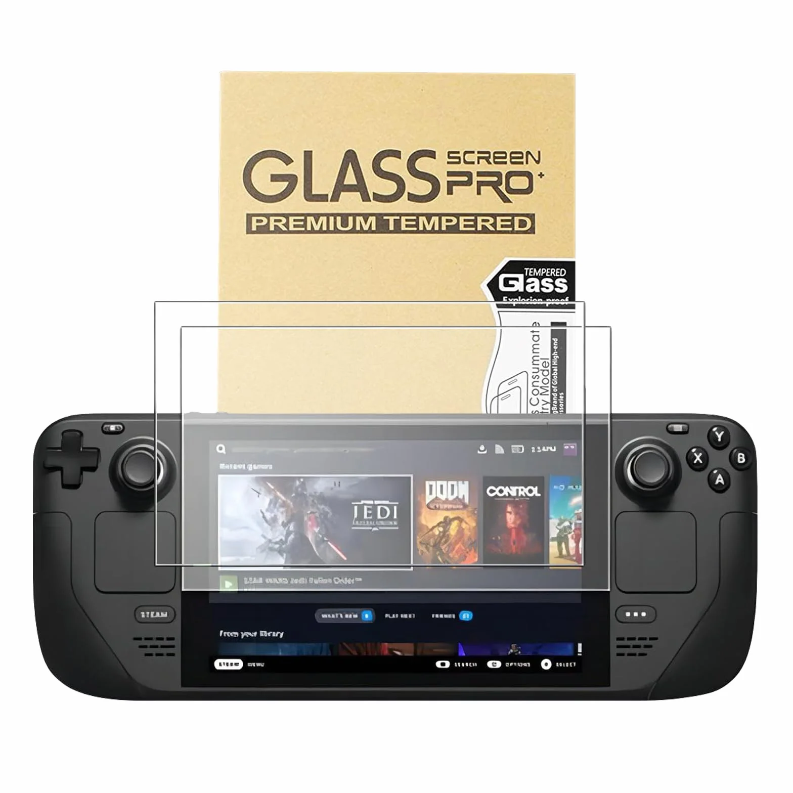 Protector de pantalla para Steam Deck OLED de 7,4 pulgadas (nuevo 2023) - Película de vidrio templado 9H, HD transparente resistente a los arañazos, caja de piel de vaca, paquete de 2