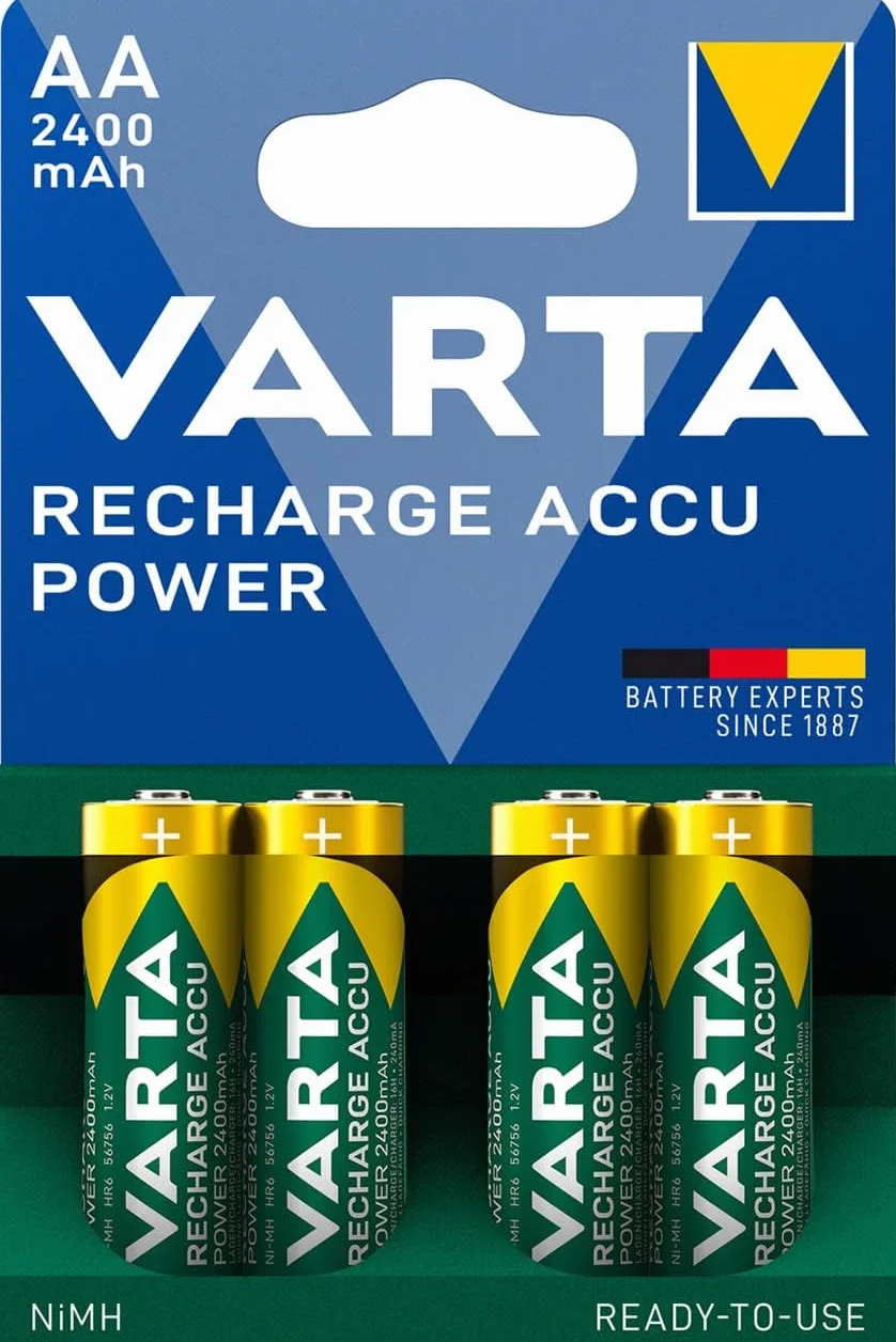 VARTA Pilas AA, recargables, paquete de 4, Recharge Accu Power, batería recargable, 2400 mAh Ni-MH, sin efecto memoria, precargadas, listas para usar